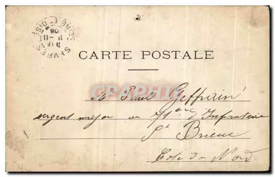 Scène de village — trois personnages devant une maison à colombages — éditeur R.P.I. 158 — Rewers