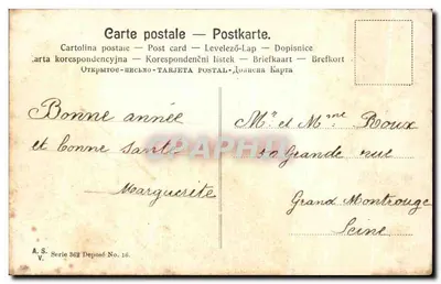 Buquê de hortênsias — Boa ano! — A. S. V. Série 362 — Verso