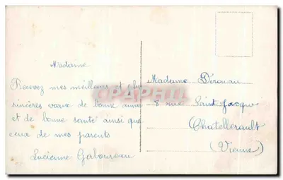 Młoda kobieta w futrze trzymająca bukiet — Dobry rok — seria 3203, wydawca S. POSTE — Rewers