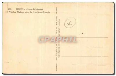 Rouen (Seine-Inférieure) — Vieilles Maisons dans la Rue Saint-Romain — Les Éditions d'Art 'WGN', Paris — Verso