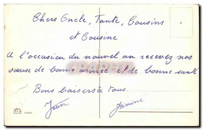 Rodzina w strojach festiwnych na zimowym krajobrazie — wydawca J. P. F. n° 47021 — Rewers