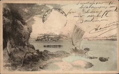 Bilhete postal antigo Indochina Vietnam Barco