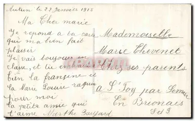 नीले रंग की ड्रेस में एक छोटी लड़की — फूलों के बुकेट और तीन रंगों के झंडे के साथ — डेटेड पोस्टकार्ड 22 जनवरी 1915 — पीछे
