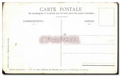 Rouen — Les clochers de Rouen (vue prise du Cimetière du Nord) — Édition H. Barlo — Verso