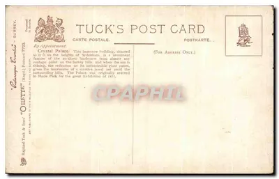 Crystal Palace — Vista pitoresca de Surrey — Tuck's Post Card n°7723 — Verso