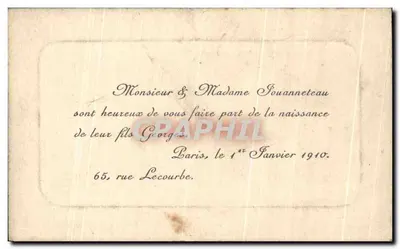 Geburt von Georges — Paris, 1. Januar 1910 — Verlag nicht sichtbar — Rückseite