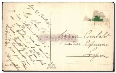 Kobieta w kapeluszu z futrem — Wesołych Świąt — W. B. & Co. Wiedeń, seria 2059 — Rewers