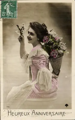 Woman in a pink dress holding a bouquet — Happy Birthday — anonymous publisher, no. 175