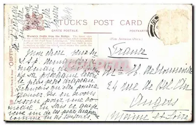 Zamek Warwick z mostu — Tuck's Post Card — Rewers