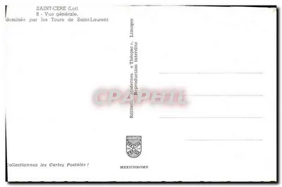 Bilhete postal antigo Saint Cere Vista Geral Dominada Pelo Torre de Saint Laurent — Verso