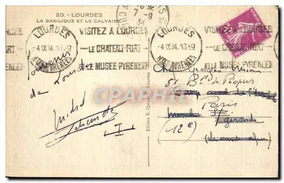 Lourdes — A basílica e o calvário — Edição E. Quinault, n°20 — Verso