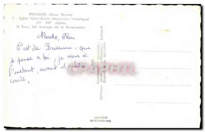 Bilhete postal antigo Bressuire Igreja Nossa Senhora Torre Belo Obras da Renascença — Verso