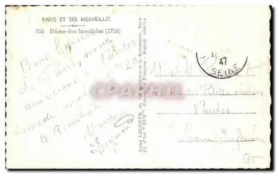Dôme dos Invalidos — Paris — Editor Guy, n° 330 — Verso