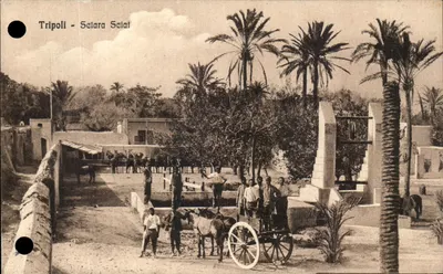 Tripoli - Scilara Sciata — vista da praça com palmeiras e charrete de jumento — editor Fototipia Alterocca - Terni, n° 19730