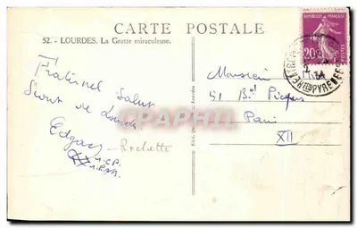 Lourdes — Grota cudowna — Wydane w Lourdes, nr 52 — Rewers