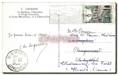 Lourdes — Bazylika, Objawienie, Góra Cudowna i Zamek — Wydawca P. Doucet, nr 7 — Rewers