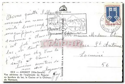 Annecy — Widok z lotu ptaka esplanady Paquier, Kasyno i Zamek Nemours — Wydawnictwo Télé S.A. Annecy — Rewers