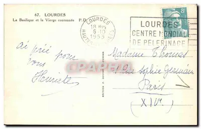 Lourdes — La Basilique et la Vierge couronnée — Édition P. Doucet Lourdes — Verso