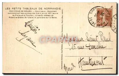 Moilinieux — Ruínas do castelo de Robert-le-Diable — Monumento comemorativo dos combates de 1871 — Editor Mona — Verso