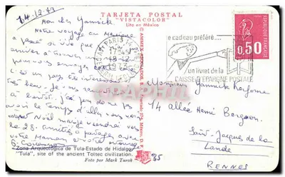Zona Arqueológica de Tula — miejsce cywilizacji tolteckiej — TARJETA POSTAL "VISTA COLOR" — Rewers
