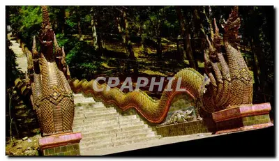 Staircase flanked by Naga serpent statues — Wat Phra That Doi Suthep, Chiang Mai, Thailand — Phionkthip Philatelic Ltd. A66