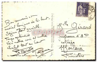 La Route du Col des Aravis (1500 m) en hiver — Éditeur : Ch. Blanc, Châlet-Hôtel Col des Aravis (Haute-Savoie) — Verso