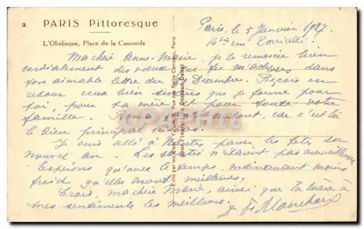 O Obelisco, Praça da Concorde — Paris — editado pelos Editores Y. Cuny, Rua dos Pequenos-Pregadores, Paris — Verso