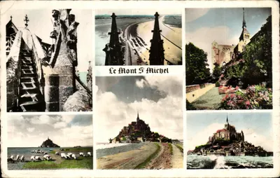 Le Mont Saint-Michel — vue générale, escalier de Dentelle, abbaye, prés salés, marée haute — Réal-Photo