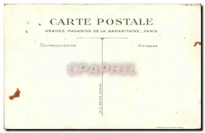 Dziecko i pies przy stole — T'EN AURAS PAS ! — Grands Magasins de la Samaritaine, Paryż — Rewers