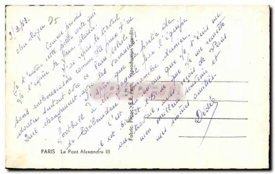 Paris — O Ponte Alexandre III — Fabric. P.R. Paris — Verso