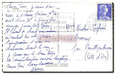 Bilhete postal antigo Paris La Tour St Jacques — Verso