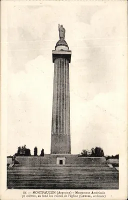 Montfaucun (Argonne) — Amerykański monument o wysokości 58 metrów, w tle ruiny kościoła — Greber, architekt