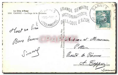 Bilhete postal antigo Cannes A Praia da Croisette — Verso