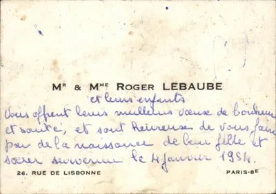 Glückwünsche zur Geburt eines Mädchens — Roger Lebaube & Familie — Paris 8e