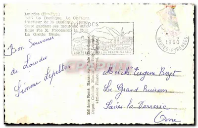 Lourdes — vue panoramique avec la basilique, la grotte et les montagnes — Éditions René Bazac, n° 1303 — Rewers