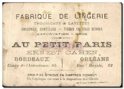 Cromo Au petit paris Cours de l'intendance Bordeaux Rue roayle orleans — Verso