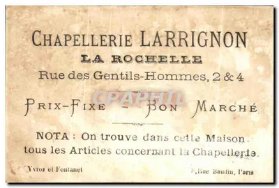 Chapellerie Larrignon — La Rochelle — Rue des Gentils-Hommes, 2 & 4 — Rewers
