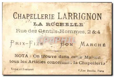 Kapelneria Larrignon — La Rochelle — wydawca Yvroz i Fontanet — Rewers
