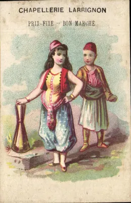 Dois crianças em traje oriental — publicidade para a chapelleria Larrignon — editor Yvroz e Fontanet