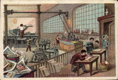 Atelier de litografia — trabalhadores e máquinas — editor Paul Maîtresse, Cambrai