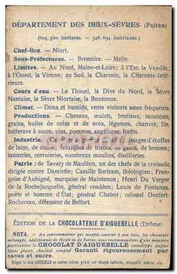 Les Départements : DEUX-SÈVRES — Ilustrowana mapa z zamek Niort i legendą tras i rzek — Rewers