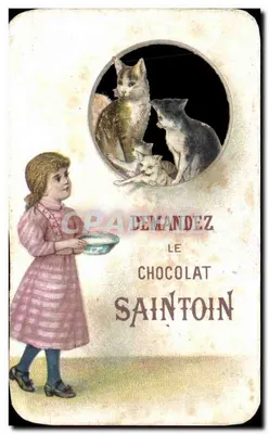 Mulher e gatos — propaganda para o chocolate Saintoin — editor: Blan Sberg & Cie, Nancy