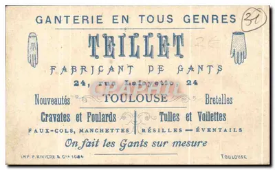 Teillet — Producent rękawiczek — 24, rue Lafayette, Toulouse — Rewers