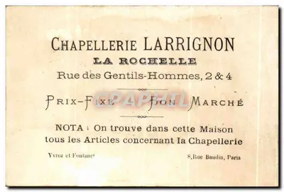 Merle siffleur — publicidade para a chapelaria Larrignon — editor: Merle Siffleur — Verso