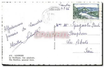Lourdes — Widok na bazylikę, wydawnictwo Éditions Lourdes-Yrénées, nr 415 — Rewers
