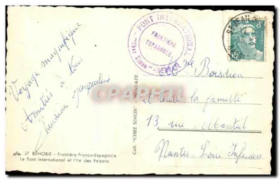 Stara pocztówka Behobie Granica Francusko-Spanielska — Międzynarodowy most i wyspa Faisansów — Rewers