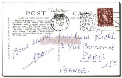 Casas do Parlamento, Londres — vista da Tamisa — Valentine's Postcard, n° K 810 — Verso