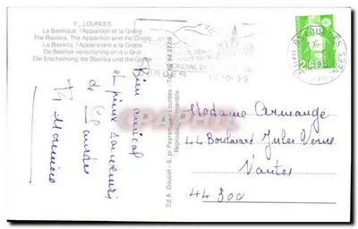 Jaskinia Lourdes — Objawienie Najświętszej Panny Maryi — Wyd. A. Doucet — Rewers