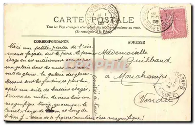 Bilhete postal antigo Versalhes O Castelo Vista Sobre o Parque — Verso