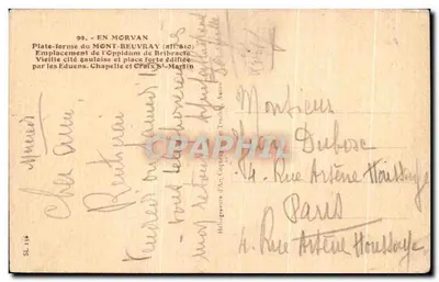 Mont-Beuvray — emplacement de l'oppidum gaulois et chapelle Saint-Martin — éditeur Héliogravure d'Art Coqquelin et Truchet, n° SL 116 — Verso